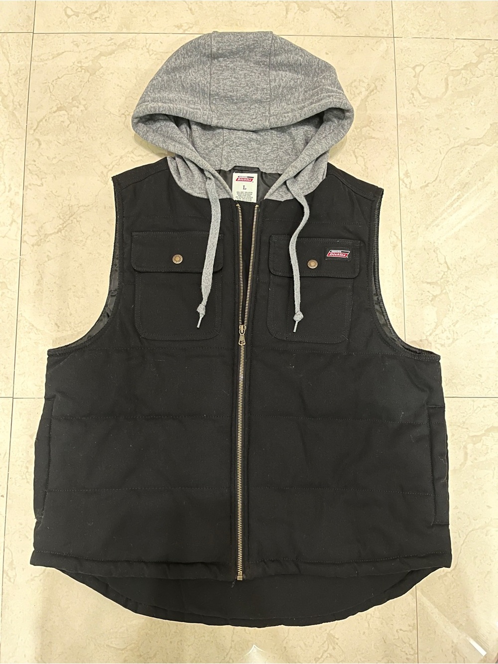 Genuine Dickies Black Quilted Utility Vest with Gray Hood